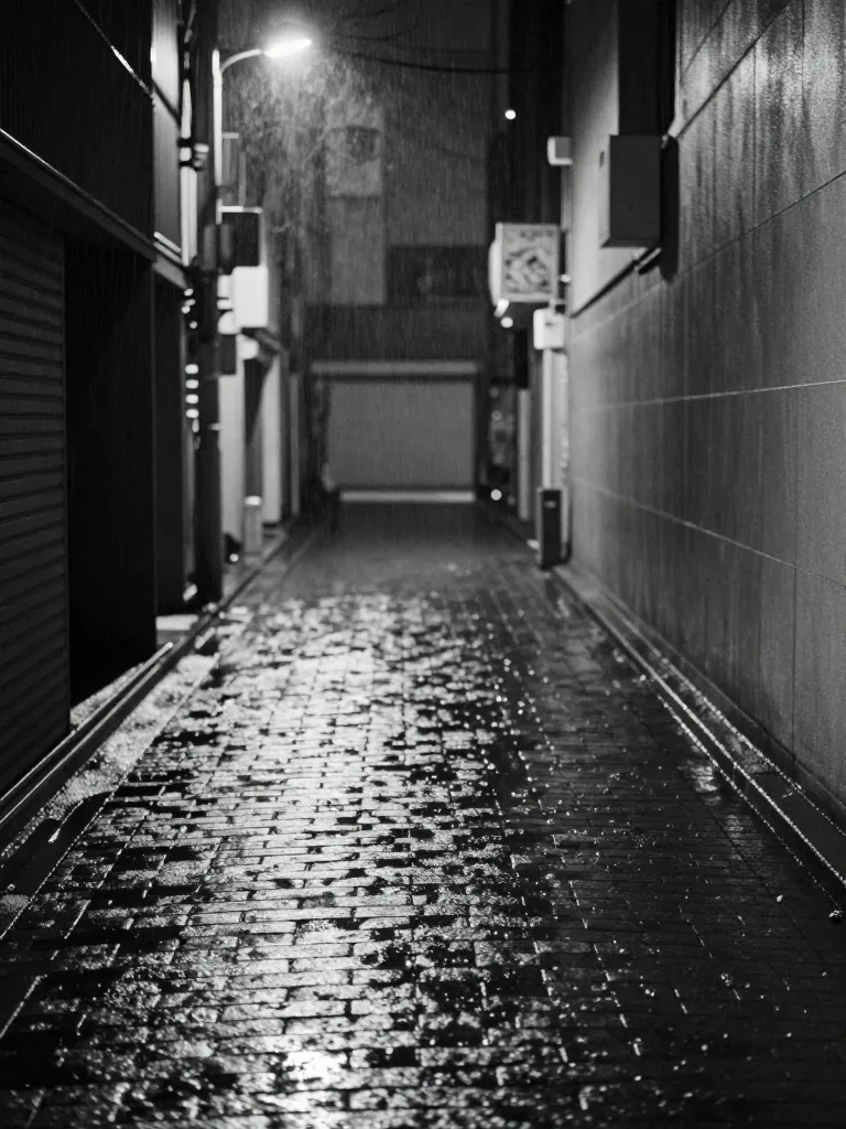 Rainy alley rendered as a grayscale depth map
